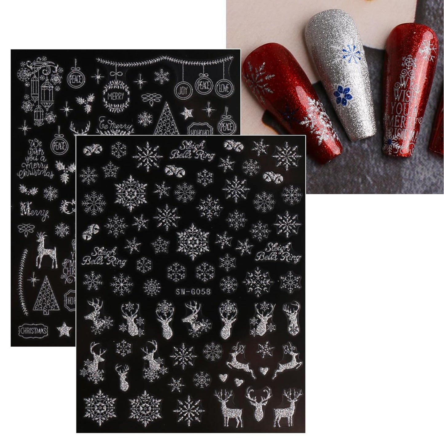 JMEOWIO 9 Sheets Christmas Glitter Nail Art Stickers Decals Self-Adhesive Snowflake Winter Holiday Silver Nail Supplies Nail Art Design Decoration Accessories