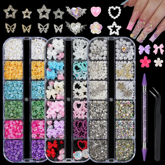 Nail Rhinestones , AB Crystal Nail Gems Flat Back Nail Rhinestones with Nail Pearls Star Heart Bows FLower Nail Charms and Rhinestone Picker Tools for Kwaii Y2K Nail Art Decor - 3 Boxes