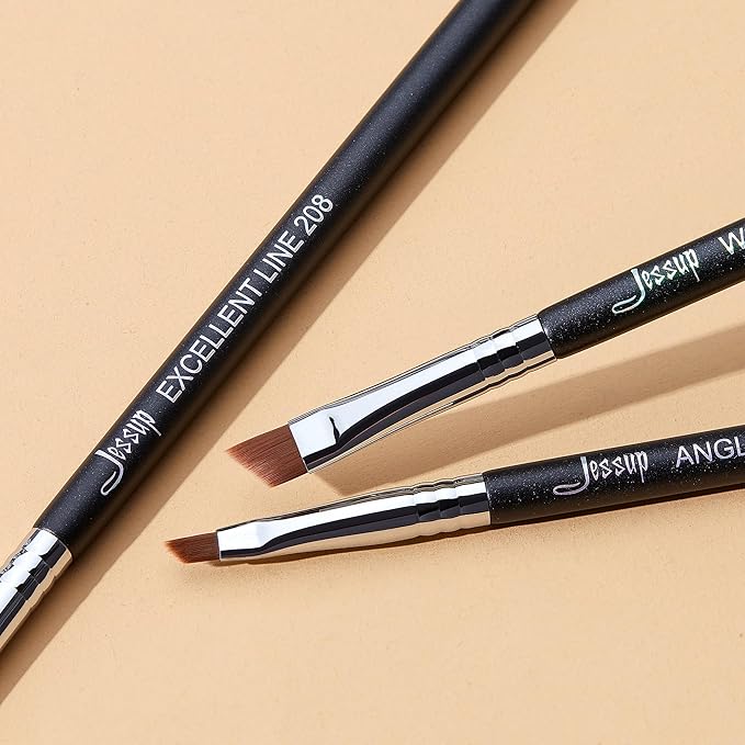 Jessup Angled Eyeliner Brush Set，3pcs Pro Precision Eye Liner Brush Fine Winged Ultra Thin Slanted Gel Liquid EyeLiner Makeup Brushes, Black T345
