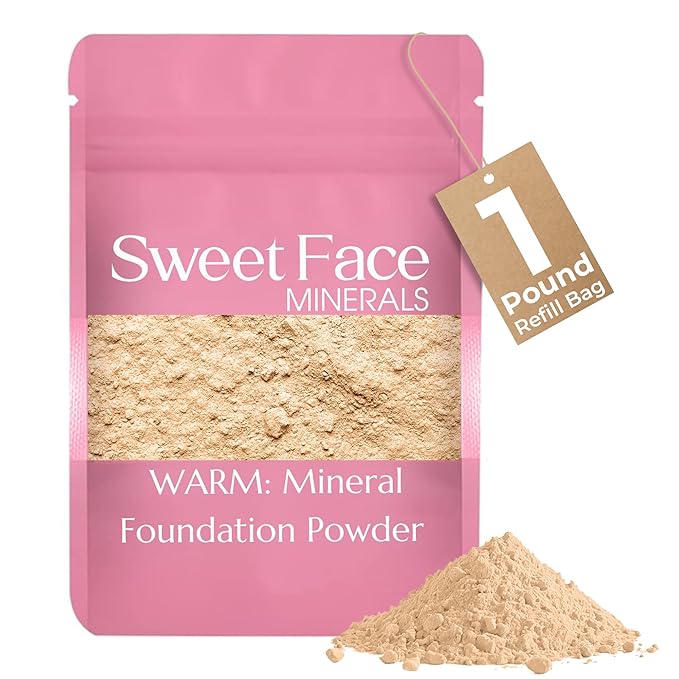 Foundation Powder Refill (Warm) (1 Pound Bag) By Sweet Face Minerals, Lightweight Mineral Loose Makeup Powder with SPF 20, Full Coverage Flawless Finish, Talc-free, Cruelty-Free, Refillable Pouch
