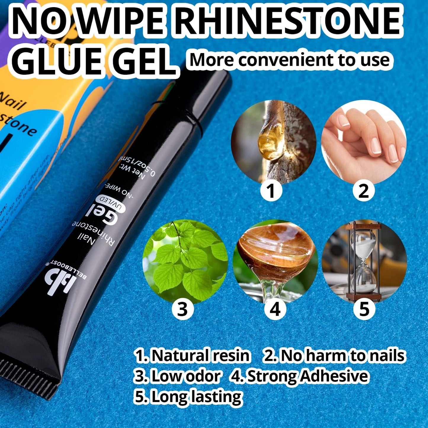 Nail Art Rhinestone Glue Gel&Flatback Gems Accessories Kit, 1 Tube of 15ml Rhinestone Gel Glue(UV/LED Needed)+1 Box of Flat-Back Round Glass Crystal AB&Clear Gemstones with Pickup Pencil and Tweezer