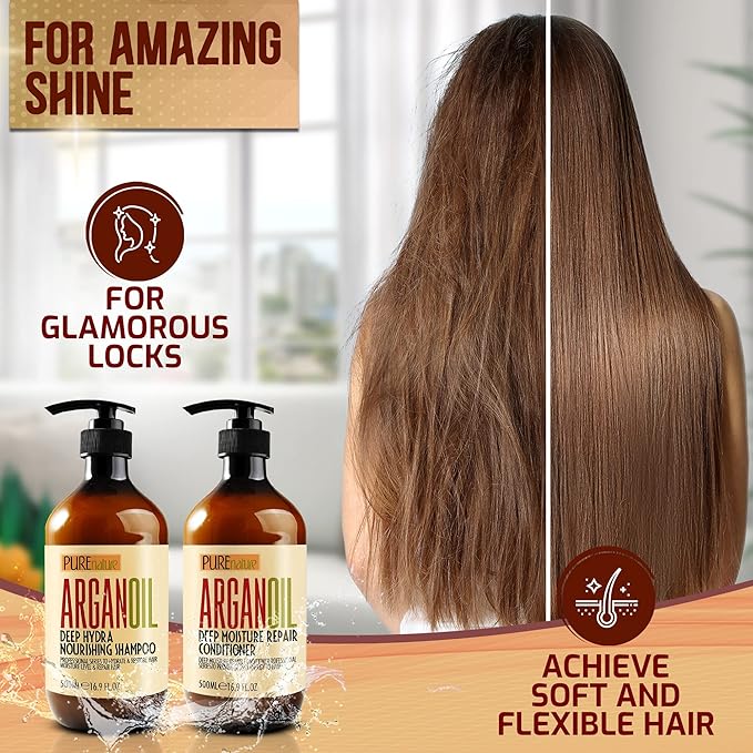 Argan Oil Shampoo and Conditioner Set - Sulfate Free Moroccan Care with Keratin - For Curly, Straight, Dry and Damaged Hair - Moisturizing, Hydrating, Anti Frizz Salon Technology