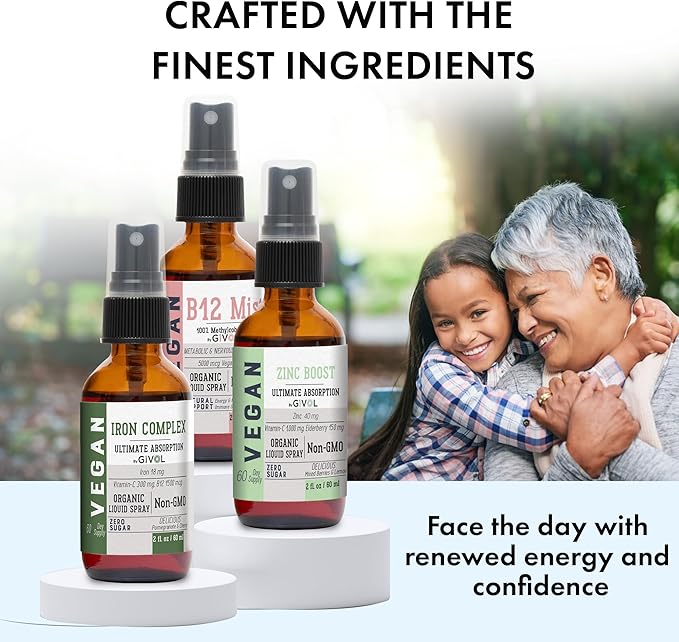 Iron Support Spray Bundle Liquid Vitamin B12 Methylcobalamin, Zinc Picolinate, and Bisglycinate | Non-GMO, Gluten-Free, Sugar-Free Iron Supplement | 2 Fl Oz Each | 360 Days Supply