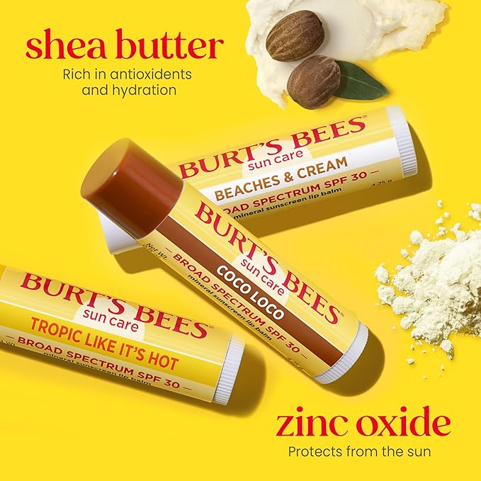Burt’s Bees SPF 30 Lip Balm Mothers Day Gifts for Mom, Island Getaway - Coco Loco, Beaches & Cream, Tropic Like It's Hot, Water-Resistant Sun Care, Natural Origin Lip Treatment, 3 Tubes, 0.15 oz