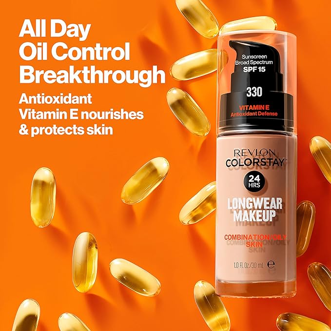 Revlon Liquid Foundation, ColorStay Face Makeup for Combination & Oily Skin, SPF 15, Medium-Full Coverage with Matte Finish, Oatmeal (140), 1.0 oz