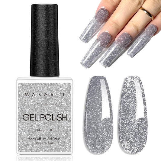 Makartt Glitter Gel Nail Polish - Flash Grey Diamond Reflective Sparkly Gel, UV LED Soak Off for Nail Art Designs, 15ml DIY Home Salon Manicure