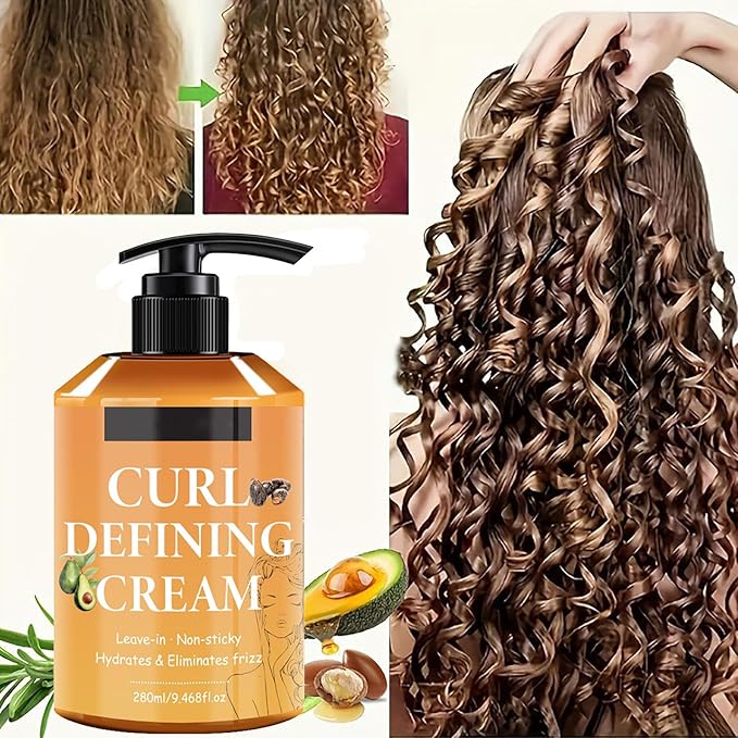 Curl Defining Cream, Anti Frizz Curling Cream for Enhances Wavy Hair and Curly Hair Hydrating Argan Oil Hair Mask Long-Lasting Styling Volume 9.46 FL OZ