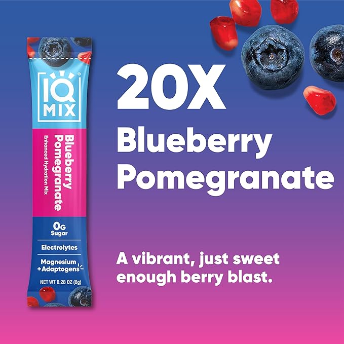 IQMIX Hydration Electrolyte Powder – 4-in-1 Formula for Hydration, Mental Clarity, Mood and Recovery – Sugar-Free Drink Mix, Keto, Magnesium L-Threonate, Lion’s Mane – 20 Count Blueberry Pomegranate