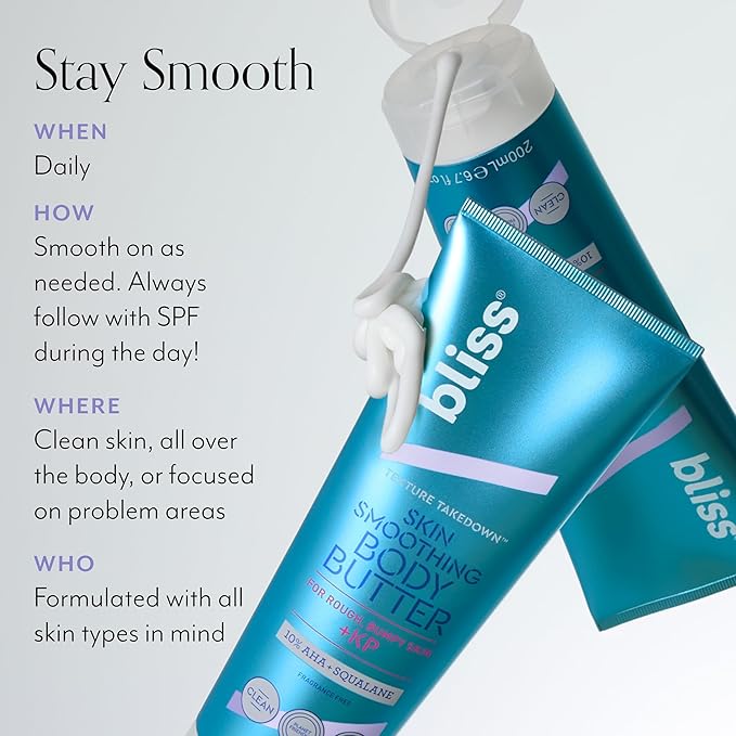 Bliss Body Butter Texture Takedown Skin Smoothing Lotion - Keratosis Pilaris KP - 6.7 Fl Oz - For Rough, Bumpy Skin - 10% AHA + Squalane + Shea Butter - Clean - Vegan & Cruelty-Free