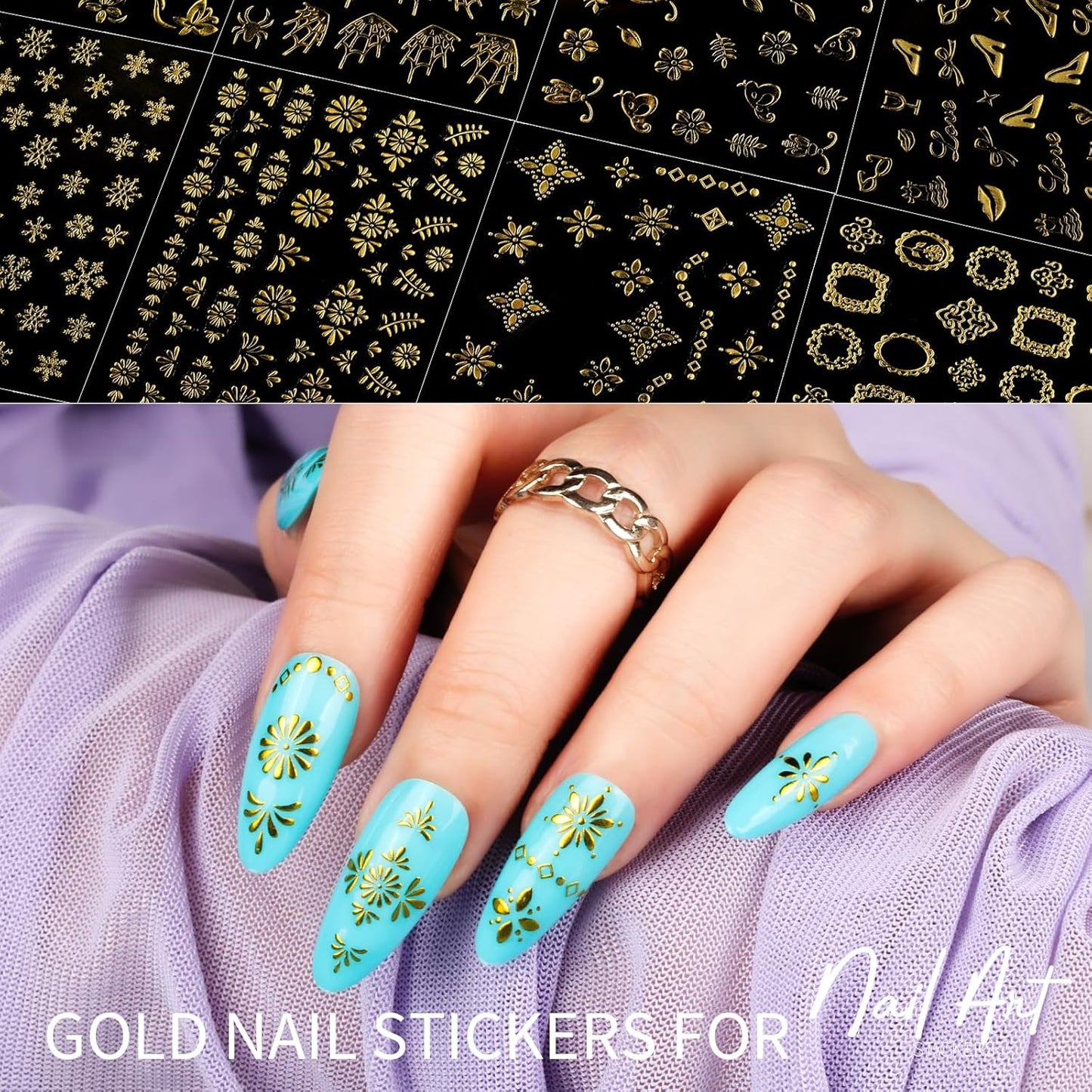 Teenitor 50 Sheets Nail Stickers for Nail Art, Nail Decals Gold Nail Stickers for Kids Women in Fall Winter Halloween Christmas, Nail Decorations