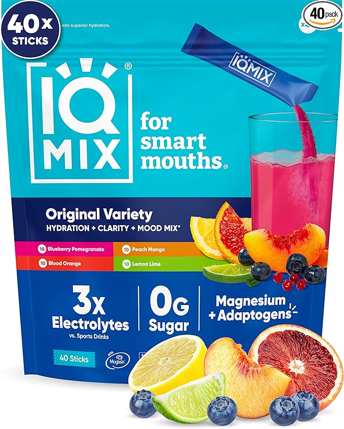 IQMIX Hydration Electrolyte Powder – 4-in-1 Formula for Hydration, Mental Clarity, Mood and Recovery – Sugar-Free Drink Mix, Keto, Magnesium L-Threonate, Lion’s Mane – 40 Count Variety Pack