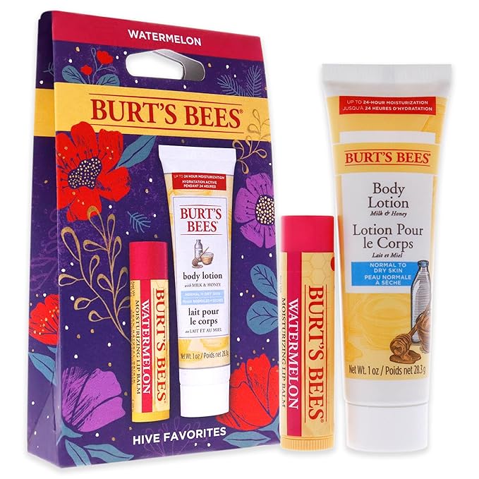 Burts Bees Hive Favorites Kit - Watermelon Unisex -0.15oz Watermelo Lip Balm, 1oz Body Lotion with Milk and Honey 2 Pc,White