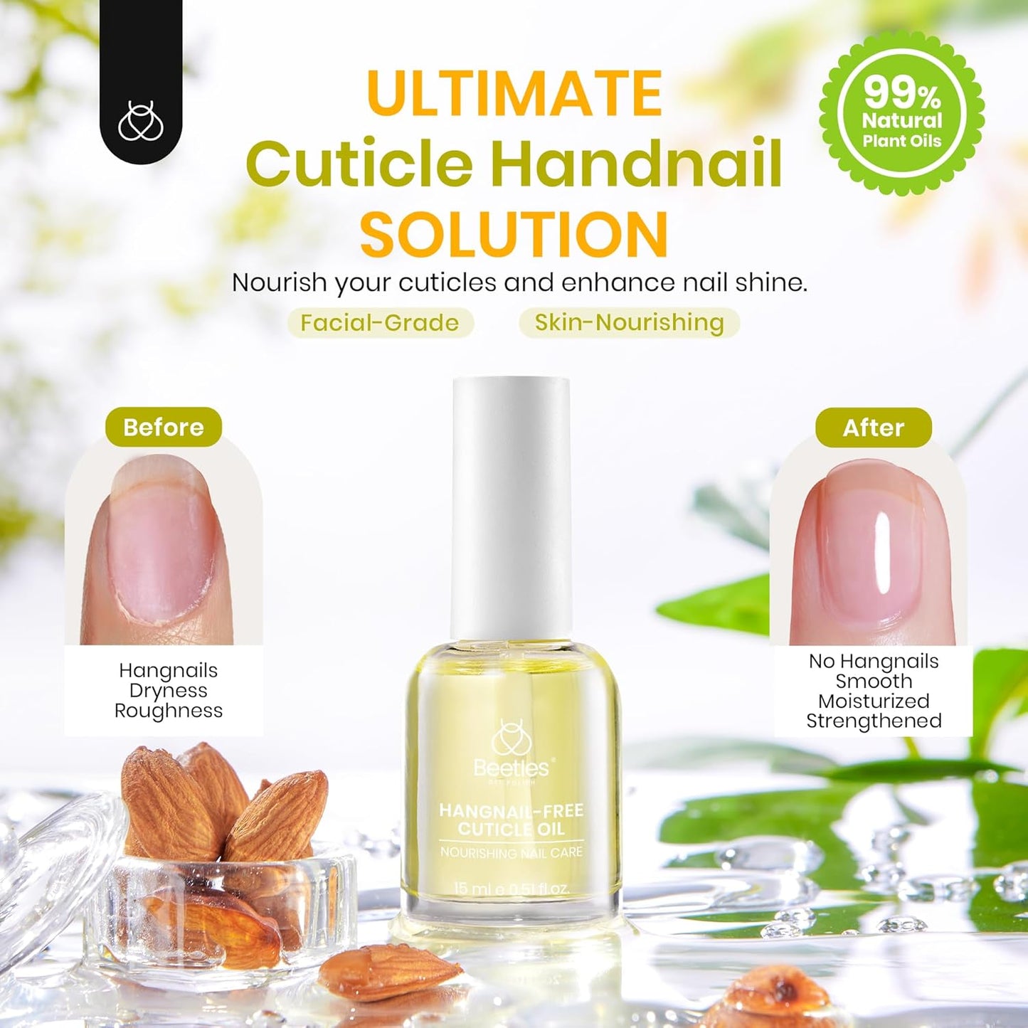 Beetles Cuticle Oil for Nail 15ml Almond Fragrance Care with Jojoba Oil & Vitamin E Nail Growth and Repairs Cuticles, Natural Sweet Almond Nourish Skin Salon Gifts for Women