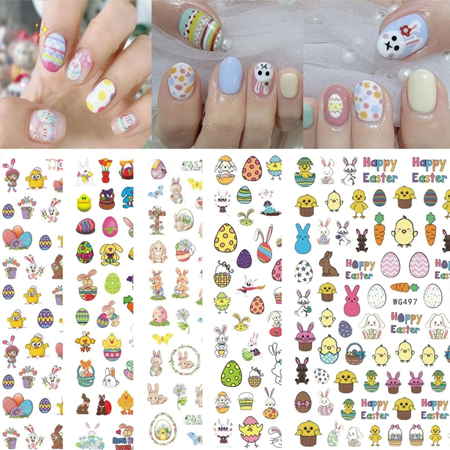 Easter Nail Stickers Rabbit Decals Cute Cartoon Bunny Eggs Chicks Stickers for Women Girls Nail Art Decorations Manicure Finger Tip Decor 10sheets 3D Self-Adhesive Decals