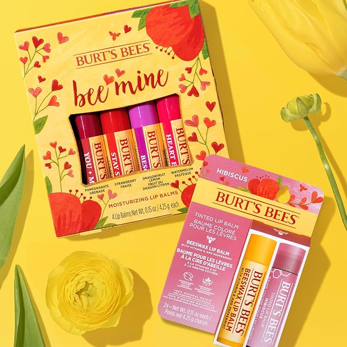 Burt's Bees Bee Mine Lip Balm Gift Set, Strawberry, Dragonfruit Lemon, Pomegranate and Watermelon, 4 Personalized Lip Balms, Pack May Vary