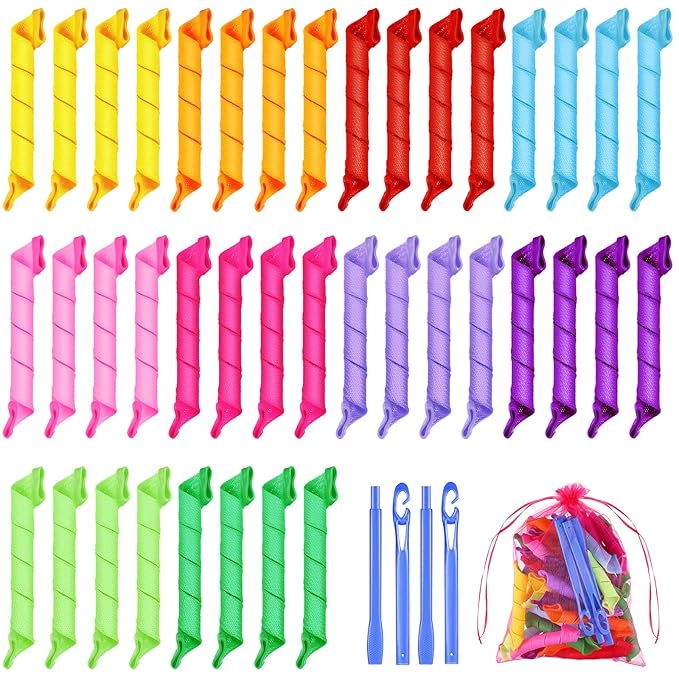 Yilloog 40 Pieces Hair Curlers Kit Heatless Spiral Curlers Tools with 2 Styling Hooks and 1 Storage Bag Multicolor Magic Curls Rollers for Women Long Medium Short Hair Classic Style