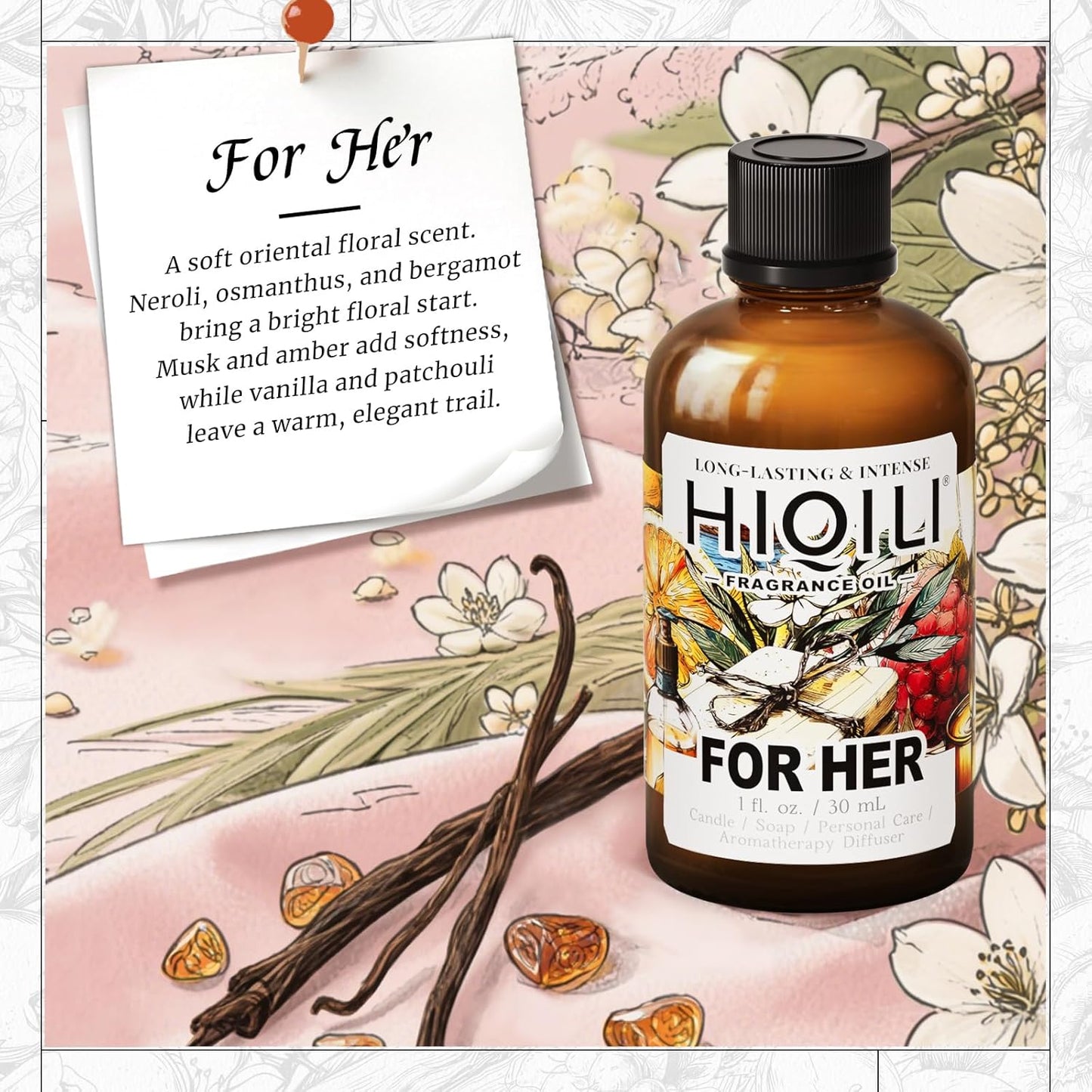 HIQILI for Her Fragrance Oil for Candle Making, Inspired by N.rciso-Rdrgz for-her, Bath Bombs, Soap Making Supplies, Add to Body Lotion, Women Scented Oil - 1 Fl Oz