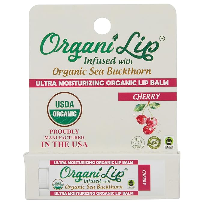 Organic Lip Balm, Cherry Flavor, Ultra Hydrating Lip Moisturizer for Cracked or Dry Lips, Infused With Organic Sea Buckthorn, Oval Shaped Tube, USDA Certified Organic, 1 Pack