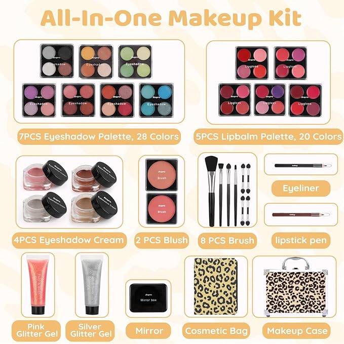Anpro All-In-One Leopord Double Folding Makeup Carry Case with Pro Teen Makeup Set, Full Starter Kit with Makeup Brushes, Lipsticks, Eyeshadow Palette, Blushes, Glitter Gel, Ideal Present for Girls