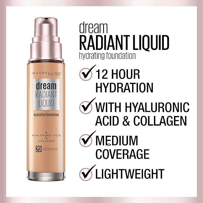 Maybelline Dream Radiant Liquid Medium Coverage Hydrating Makeup, Lightweight Liquid Foundation, Nude, 1 Fl; Oz