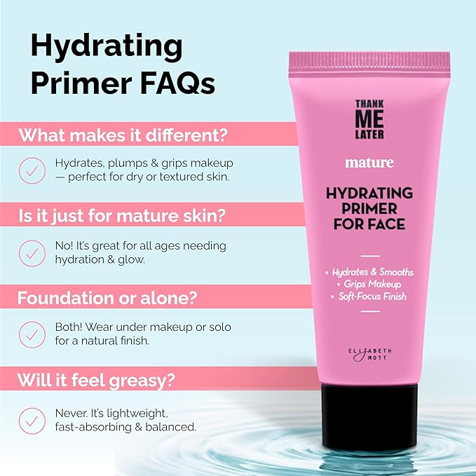 Elizabeth Mott Thank Me Later Hydrating Primer for Mature Skin – Lightweight, Gripping Face Primer for Dry, Sensitive, or Aging Skin – Smooths Texture & Hydrates with Hyaluronic Acid & Peptides, 30g