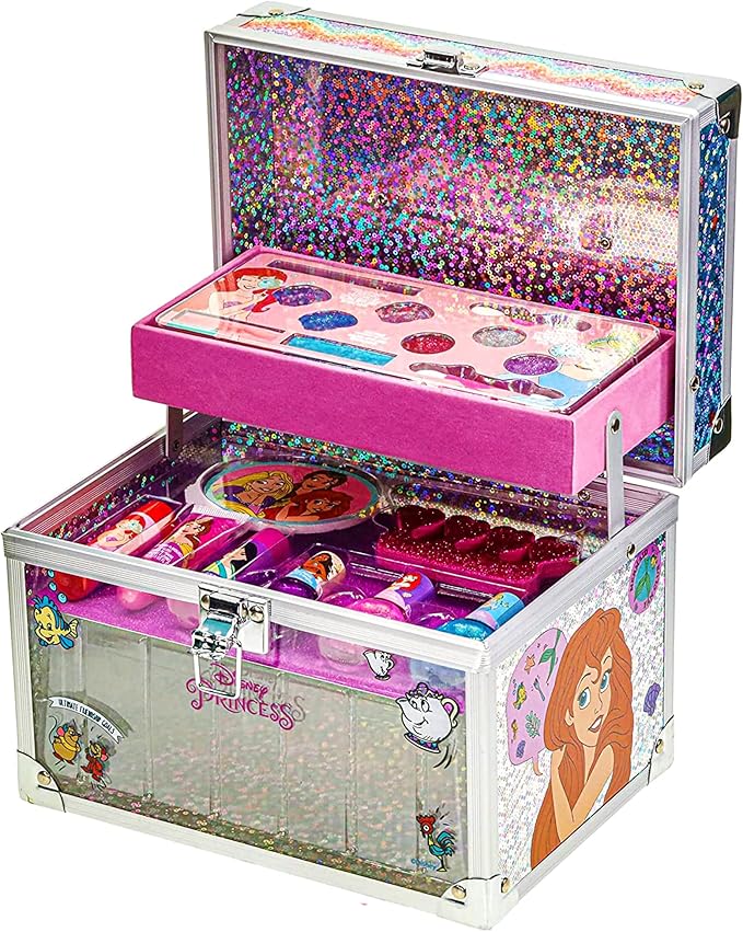 Disney Princess Train Case Girls Beauty Set, Kids Makeup Kit for Girls, Real Washable Toy Makeup Set, Play Makeup, Pretend Play, Party Favor, Birthday, Toys Ages 3 4 5 6 7 8 9 10 11 12
