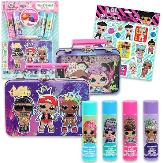 LOL Doll Lip Balm Set - Bundle with 4 LOL Doll Lip Balm Tubes, Carrying Tin, Stickers and More | LOL Doll Lip Balm Kit for Kids, Girls