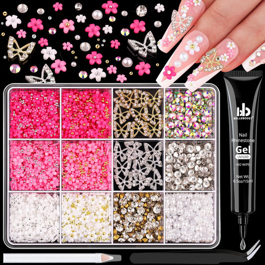 3D Nail Charms and Gems Set 2 with Rhinestone Glue, 20PCS Gold and Silver Chunky Butterfly Nail Charms, 3D Flowers for Nails, Flatback Crystals and Pearls + Diamonds + Picker Tool for Y2K Nail Decor