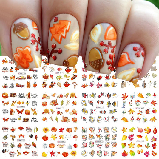 Fall Maple Leaf Nail Art Stickers Autumn Nail Art Water Decals Transfer Nail Supplies Maple Leaves Turkey Pumpkin Design Slider Sticker for Women Acrylic Nail Fall Thanksgiving Nail Decorations 12 PCS