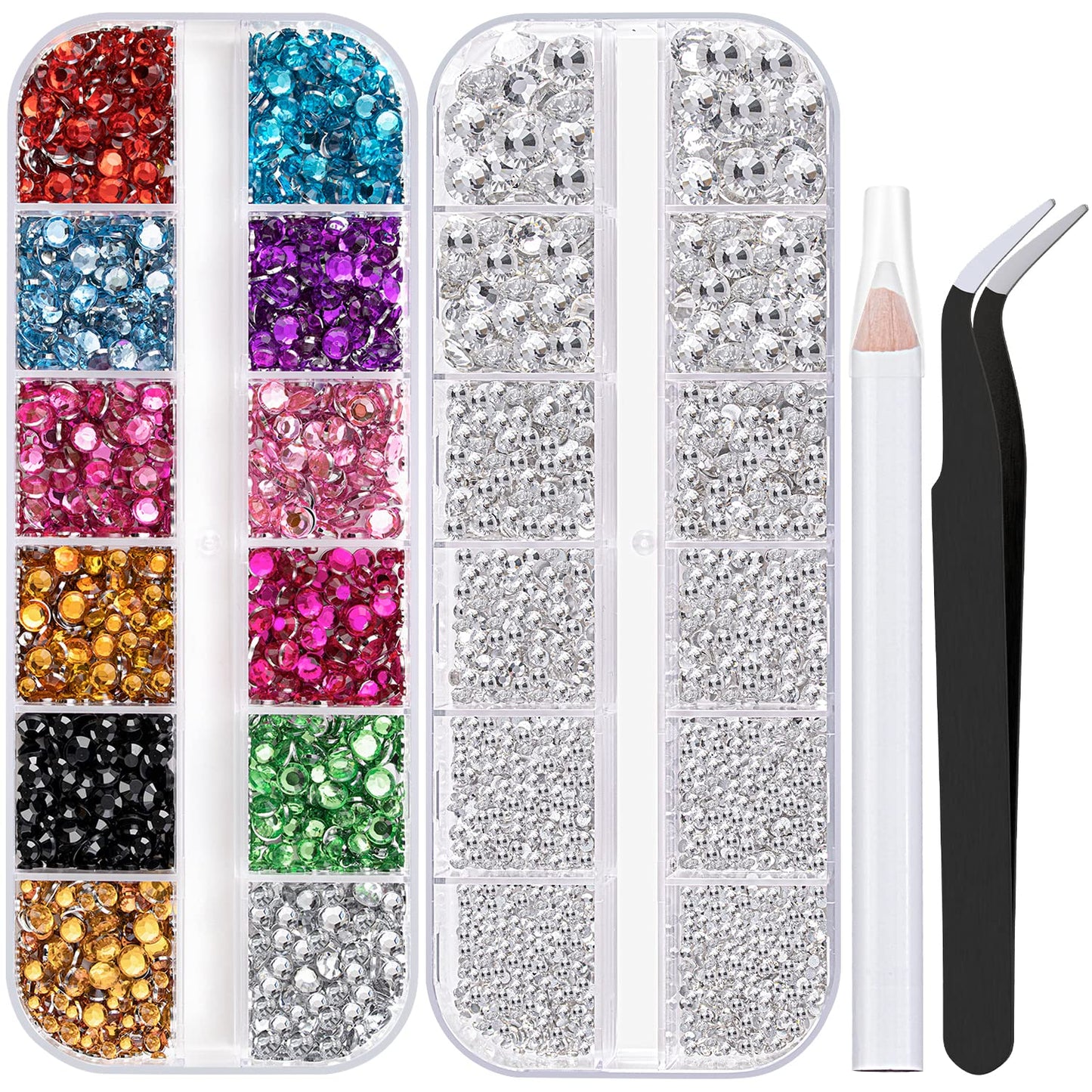 Two Packs of Flatback Rhinestones 4520 Pcs Colorful Nail Art Rhinestones Flatback Crystal Colorful+Transparent White Rhinestone with Picker Pencil and Tweezer for Nail Art and Decoration