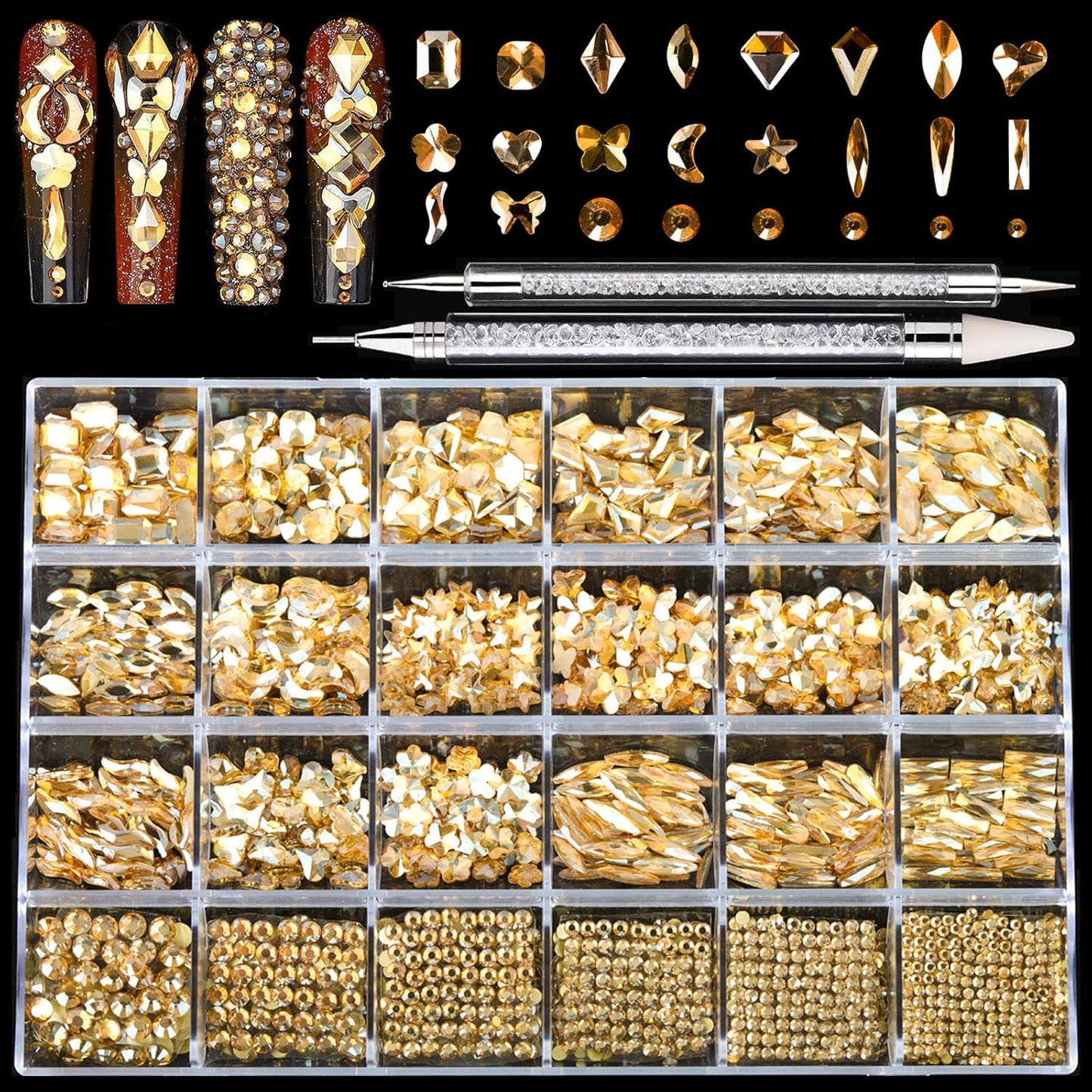 Nail Rhinestones Kit, 18 Types of 900 Special-Shaped Nail Diamonds + 3200 Flat-Bottomed Rhinestones, Champagne Crystals DIY Crafts Gold Gemstones for Nail Art Design