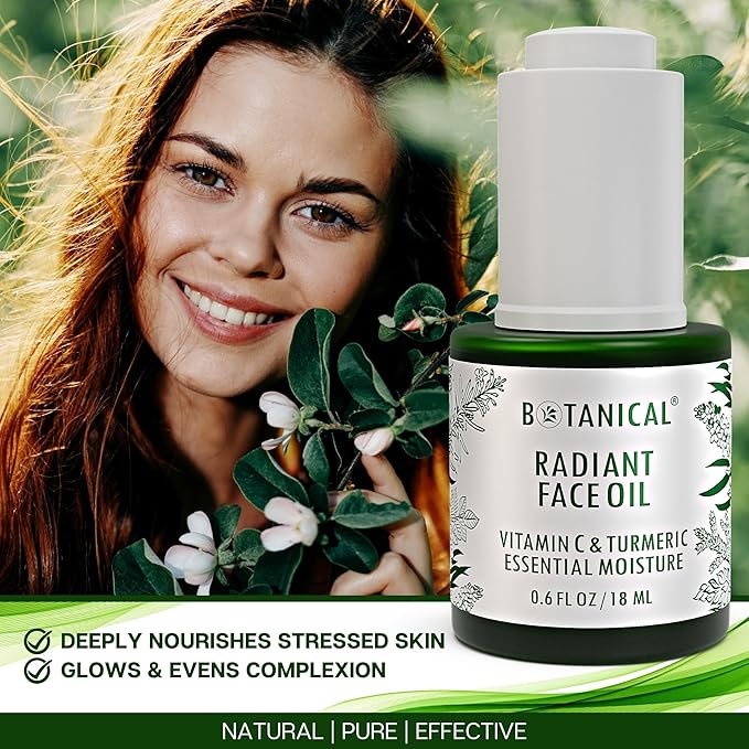 Botanical Radiant Face Oil | Skin Brightening Turmeric & Vitamin C Serum w/Gua Sha Lift Scraper | Organic, Pure, Natural Skincare (0.6 fl oz | 18 ml)