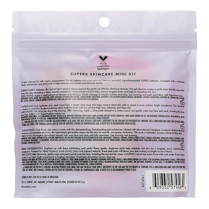 e.l.f. Skin Supers Mini Kit, Skincare Kit With A Toner, Cleanser, Moisturizer & Exfoliating Peel Pads, Brightens, Smooths & Hydrates Skin