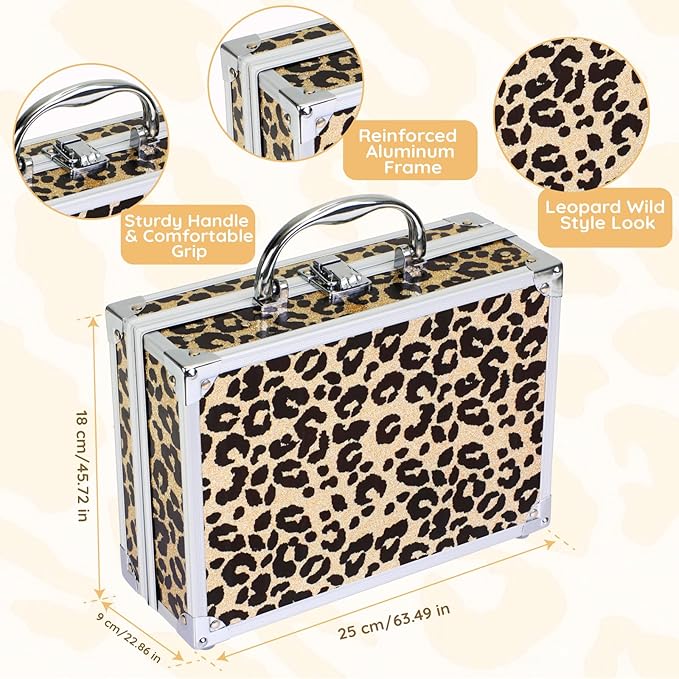Anpro All-In-One Leopord Double Folding Makeup Carry Case with Pro Teen Makeup Set, Full Starter Kit with Makeup Brushes, Lipsticks, Eyeshadow Palette, Blushes, Glitter Gel, Ideal Present for Girls