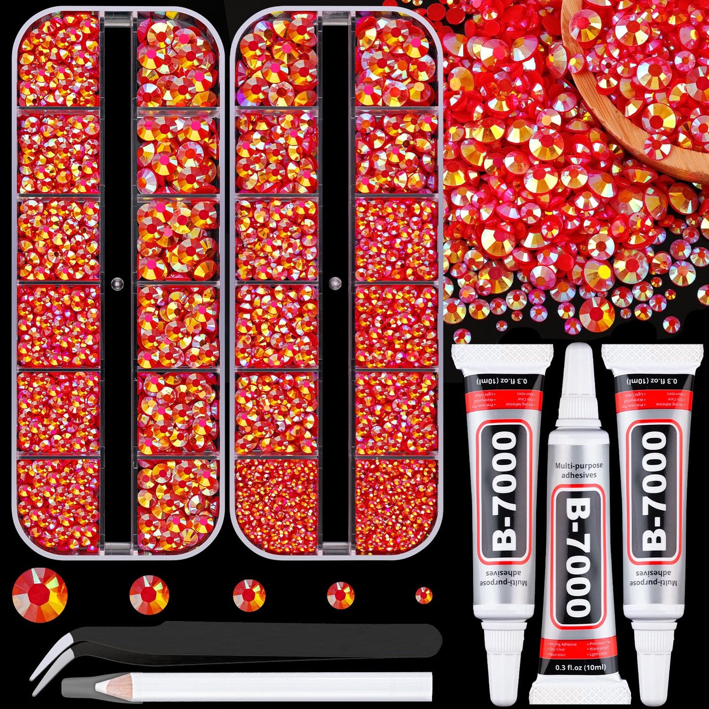 Resin Jelly Rhinestones for Crafting with B7000 Jewelry Glue, 2 Boxes Red AB Flatback Crystals with 3Pcs 10ml Glue, Bedazzling Non Hotfix Gems for DIY Tumblers Clothing Shoes Manicure