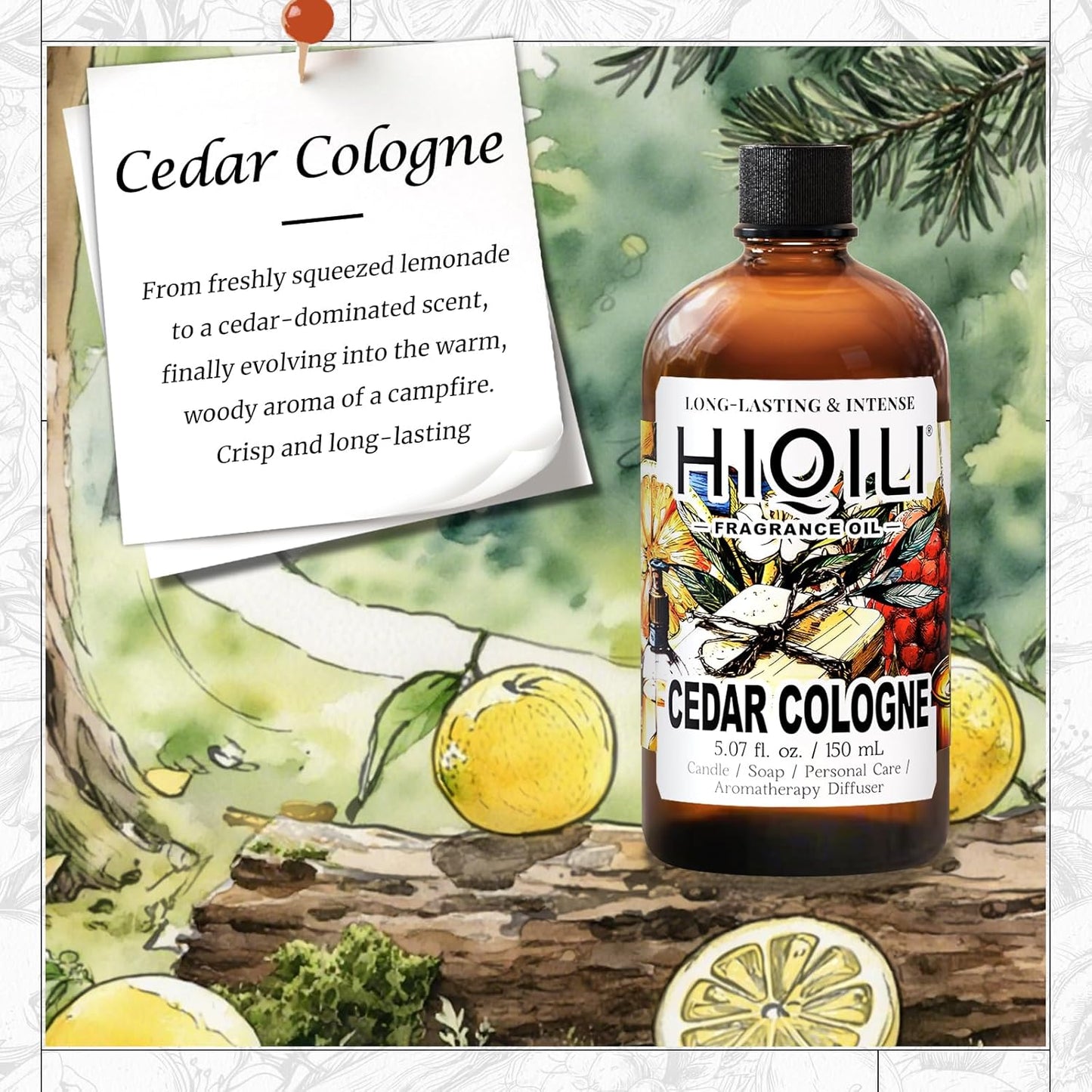 HIQILI Cedar Cologne Fragrance Oil for DIY Candle & Soap Making, Long-Lasting, Luxury Hotel Scents for Diffuser - 5.07 Fl Oz