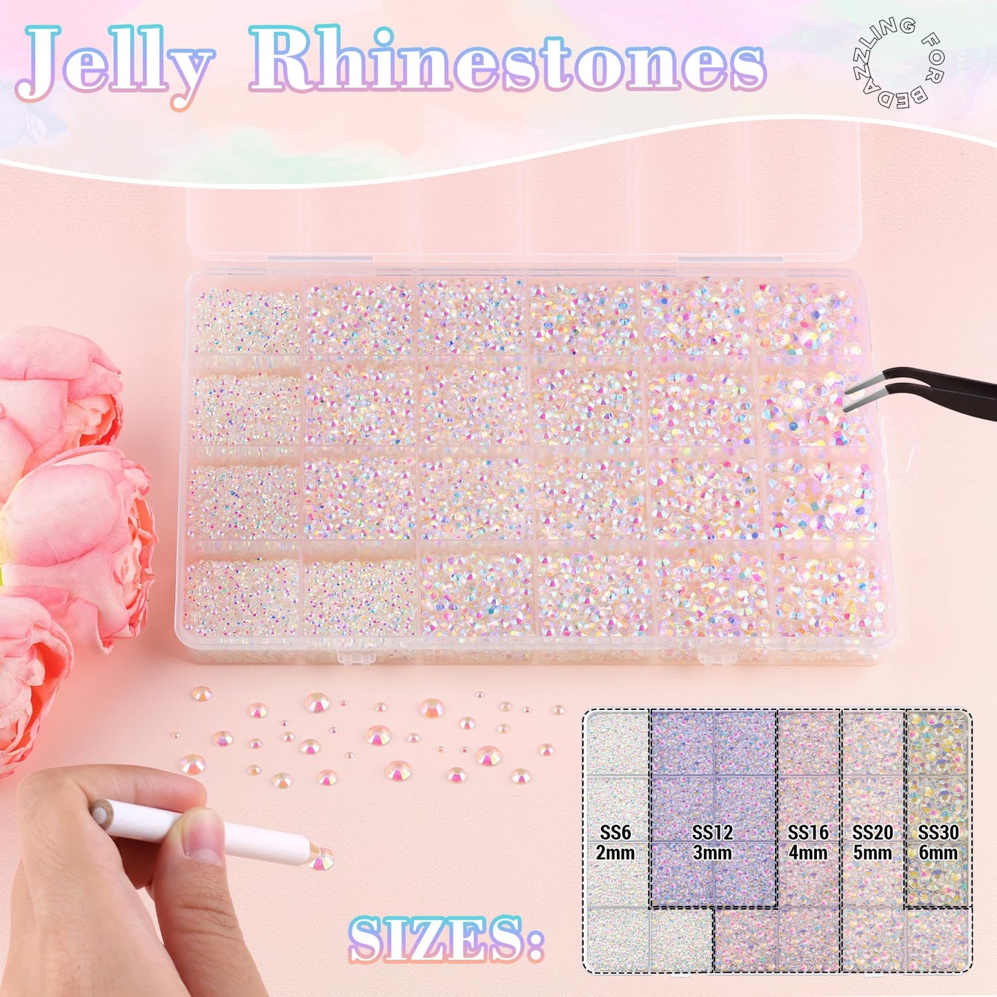 25000Pcs Resin Jelly Rhinestones with Tweezers for Crafting, 2-6mm Mixed Sizes (Transparent AB) Non Hotfix Flatback Gems, Bedazzling Crystal for DIY Crafts Clothing Tumblers Mugs Shoes Decor Nail Art