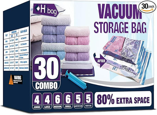 HIBAG Vacuum Storage Bags, 30-Pack Space Saver Vacuum Storage Bags, Vacuum Seal Bags for Clothing, Clothes, Comforters and Blankets (30C)