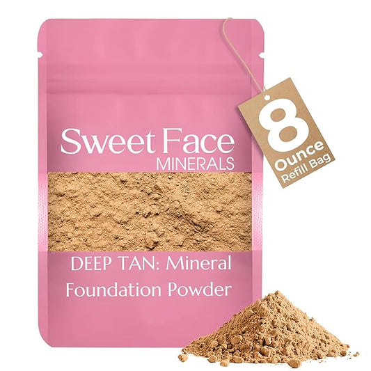 (8 Ounce) (Deep Tan) Foundation Powder Refill By Sweet Face Minerals, Lightweight Mineral Loose Makeup Powder with SPF 20, Full Coverage Flawless Finish, Talc-free, Cruelty-Free, Refillable Pouch