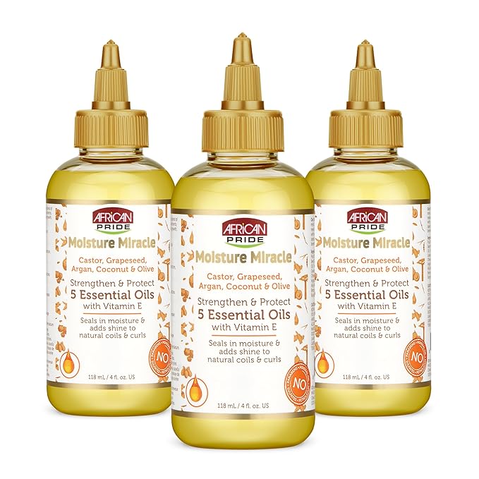 African Pride Moisture Miracle 5 Essential Hair Oils with Vitamin E (Pack of 3) | Moisture, Shine, Protection, and Growth | Argan, Castor, Grapeseed, Coconut, and Olive Oil | 4 oz