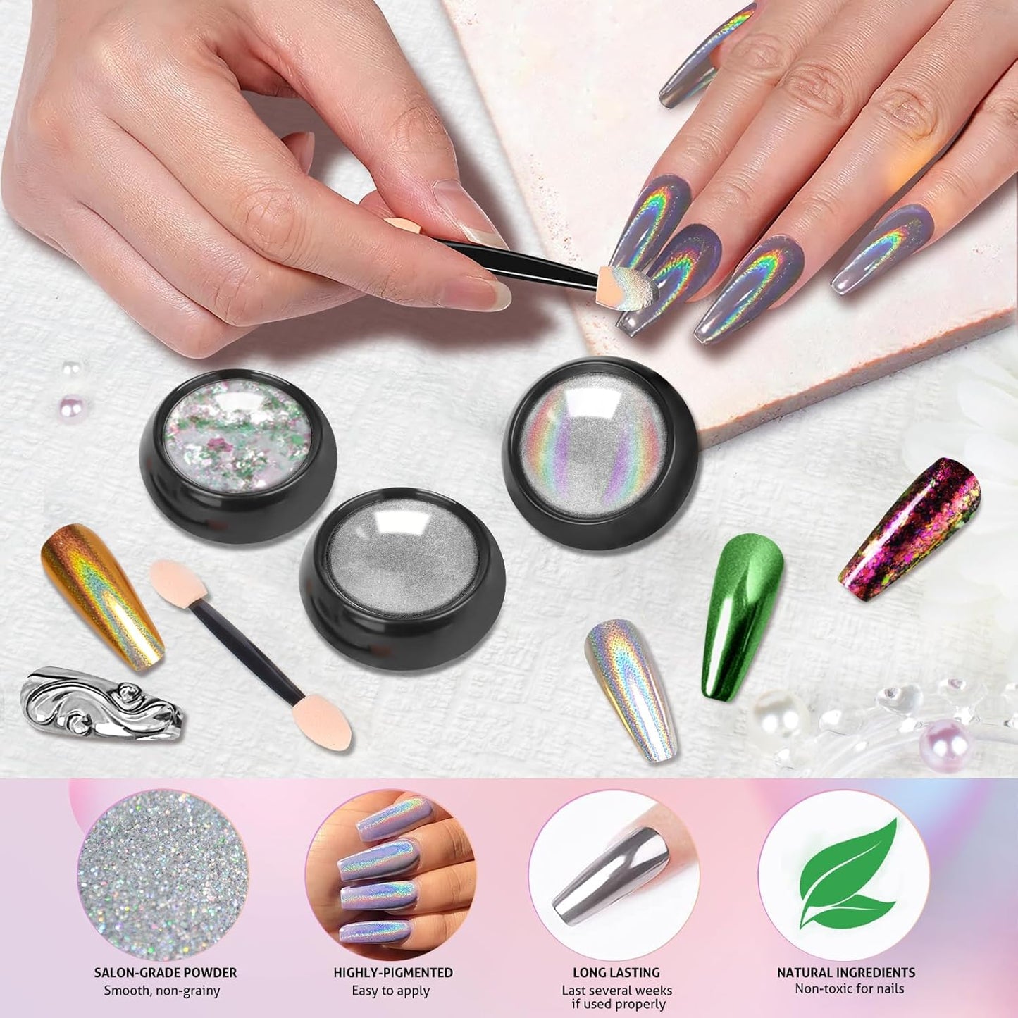 Mirror Chrome Nail Powder Set, 40 Colors Unicorn Iridescent Holographic Chrome Powder, Metallic Gold Silver Red Blue Green Black Purple Brown Chrome Pigment Nail Art Glitter Chameleon Flakes Sequins