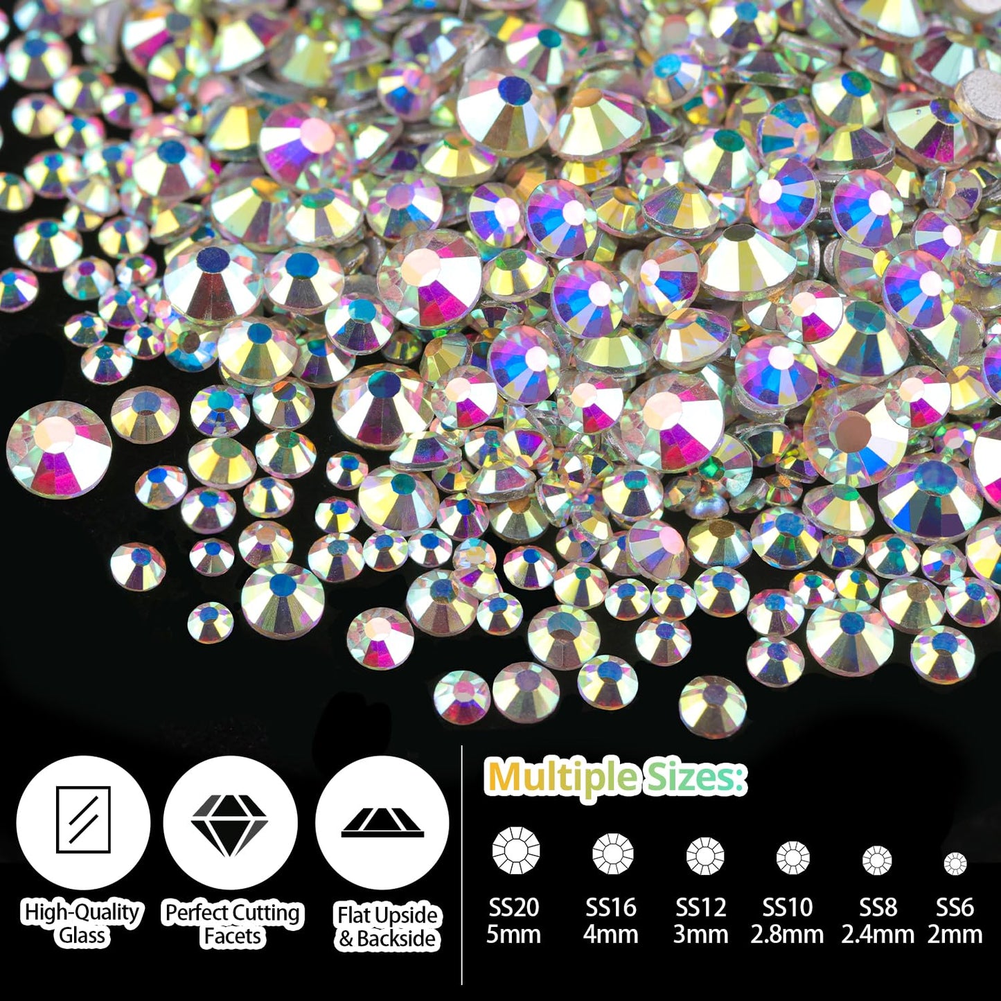 Rhinestones for Nails, Manicure Gem, Multi Size Flat Back Glass Crystal AB + Mixed Color Iridescent Gemstones Round Beads Gems for Professional Salon and DIY Nail Art with Pickup & Dotting Tools