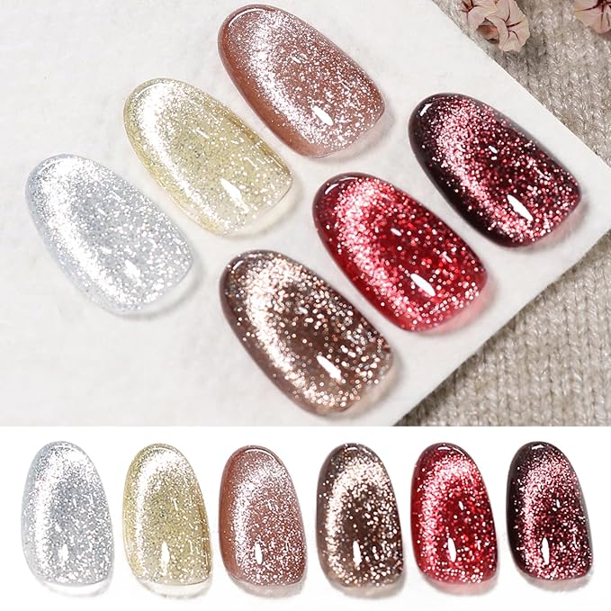 Born Pretty Cat Magnetic Eye Gel Nail Polish Reflective Glitter Gel Polish Red Silver Champagne Gold Glitter Gel Nail Polish 6PCS Set