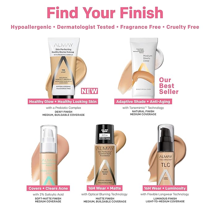 Almay Skin Perfecting Healthy Biome Foundation Makeup with Prebiotic Complex SPF 25, Hypoallergenic, Fragrance Free, 140 Golden, 1 fl. oz. (Pack of 3)