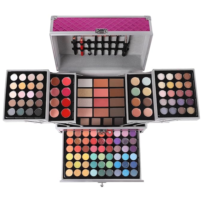 All in One Makeup Gift Set for Women Girls Full Kit, Includes Eyeshadow, Lipstick, Concealer, Highlighter, Eyebrow Powder, Blush, Contour, Lip Liners, Eyeliner, Brushes (Cerise)