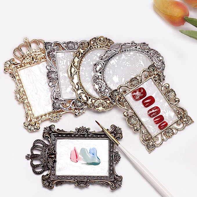 2pcs Resin Nail Art Palette, Nail Art Painting Palette Gold Silver Copper Mixed Color Vintage Photography Props Nail Gel Color Makeup Display Board Nail Art Cosmetic Mixing Tools