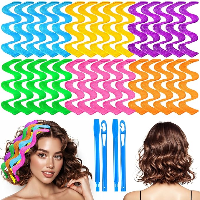30 Pcs Heatless Hair Curlers Wave Curls Styling Kit with 2 Pcs Styling Hooks, No Heat Hair Curlers Heatless Wave Curlers for Women Girls Short Hair (6 Colors, 25 cm/9.84 inch)