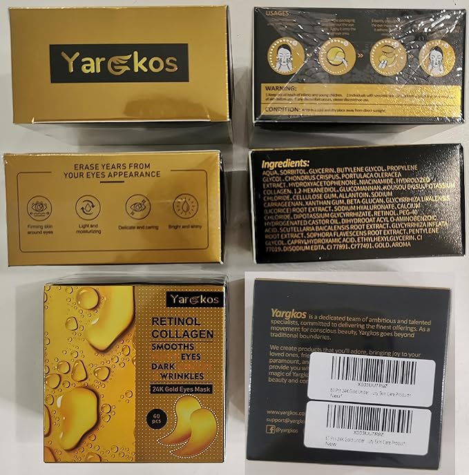 60 Pcs 24K Gold Under Eye Patches, 30 Pairs Undereye Mask for Dark Circles Puffy Eyes Treatment, Collagen Gel Pads Hydrating for Puffiness Wrinkle Eye Bags, Women Men Beauty Skin Care Products