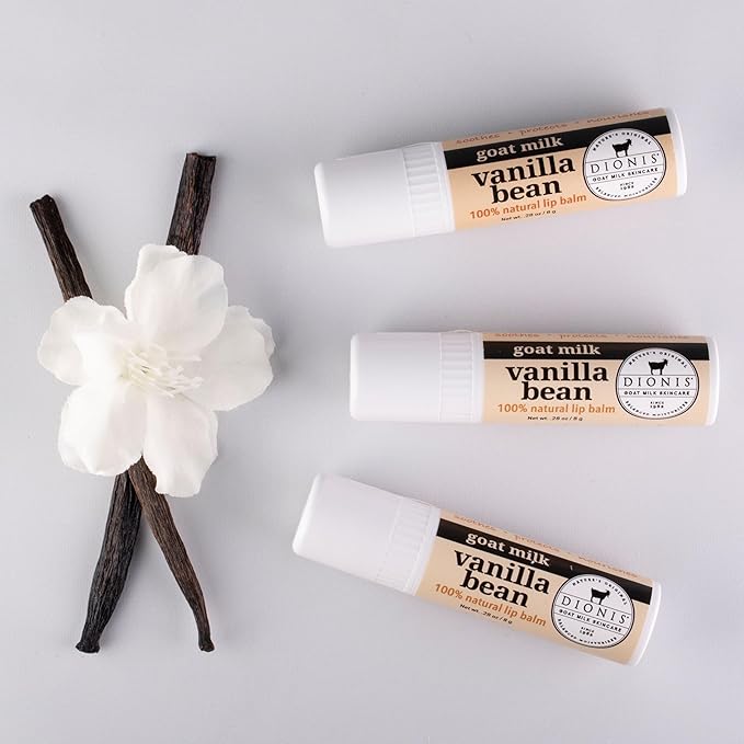 Dionis Goat Milk Skincare Vanilla Bean Holiday Lip Balm Gift Set - Beeswax, Shea Butter & Coconut Oil Lip Care Products Made in The USA - Cruelty Free Lip Moisturizer For Chapped Lips, 0.28oz 3 Pack