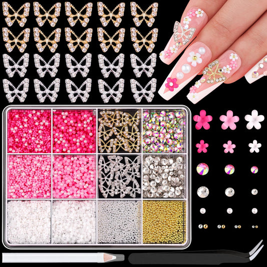 3D Nail Charms and Gems Set 3, 20PCS Gold and Silver Chunky Butterfly Nail Charms with Rhinestones, 3D Flowers for Nails, Crystal and Pearls + Metal Caviar Beads + Picker Tool for Y2K Nail Decoration